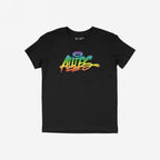 Black T-shirt featuring ALLIES in bold graffiti-style script with a rainbow gradient. A halo adorns the I, symbolizing LGBTQ+ solidarity and inclusion.