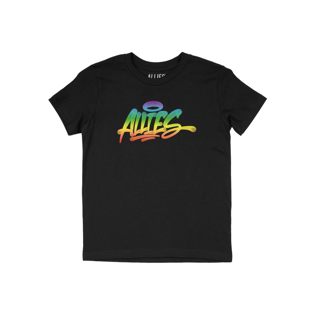 Black T-shirt featuring ALLIES in bold graffiti-style script with a rainbow gradient. A halo adorns the I, symbolizing LGBTQ+