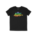Black T-shirt featuring ALLIES in bold graffiti-style script with a rainbow gradient. A halo adorns the I, symbolizing LGBTQ+
