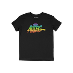 Black T-shirt featuring ALLIES in bold graffiti-style script with a rainbow gradient. A halo adorns the I, symbolizing LGBTQ+