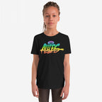 Young person wearing the Allies Rainbow Handstyle T-shirt, featuring bold “ALLIES” text in a rainbow gradient with a halo above, symbolizing LGBTQ+ solidarity and inclusion against a plain white background.