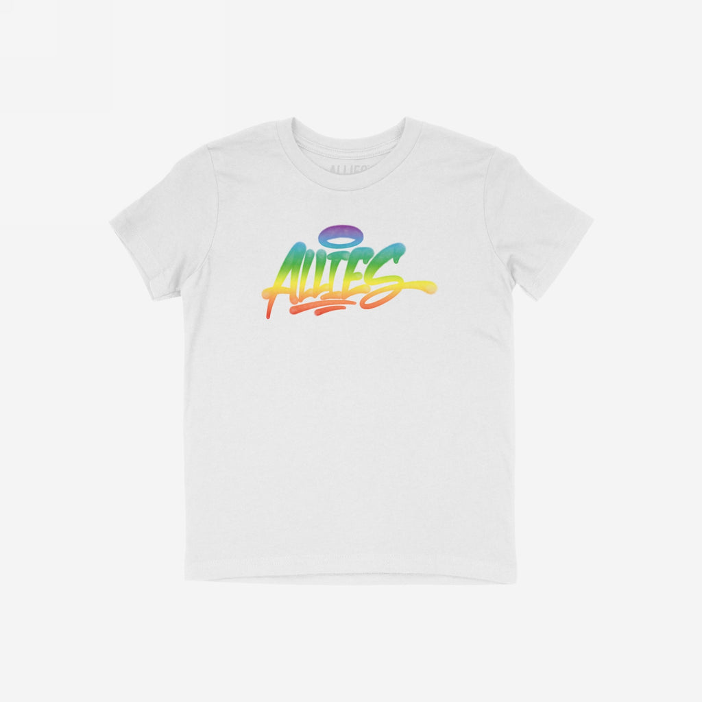 Allies Rainbow Handstyle T-shirt features a bold graffiti-style graphic reading “ALLIES” in a vibrant rainbow gradient, symbolizing LGBTQ+ solidarity and inclusion. A small halo adorns the first letter.
