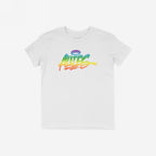 Allies Rainbow Handstyle T-shirt features a bold graffiti-style graphic reading “ALLIES” in a vibrant rainbow gradient, symbolizing LGBTQ+ solidarity and inclusion. A small halo adorns the first letter.