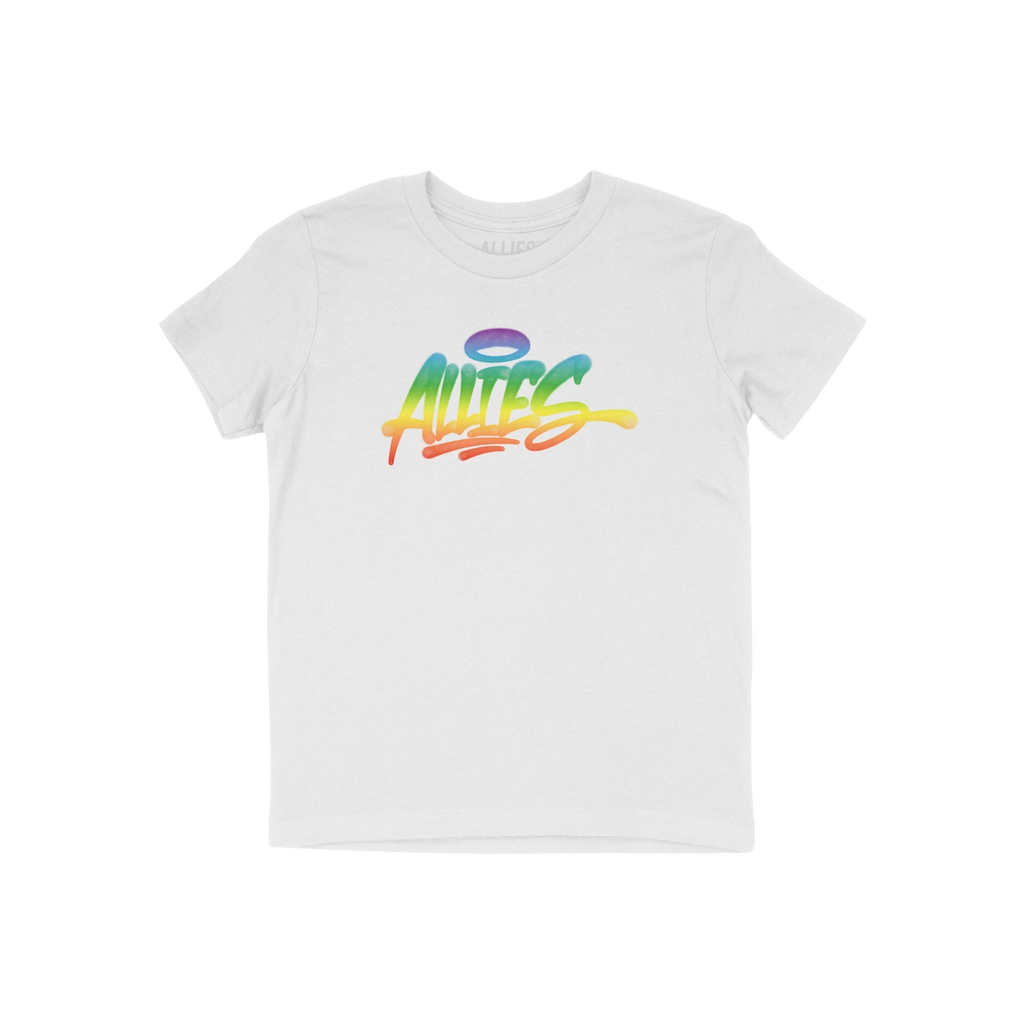 Allies Rainbow Handstyle T-shirt features a bold graffiti-style graphic reading “ALLIES” in a vibrant rainbow gradient, s