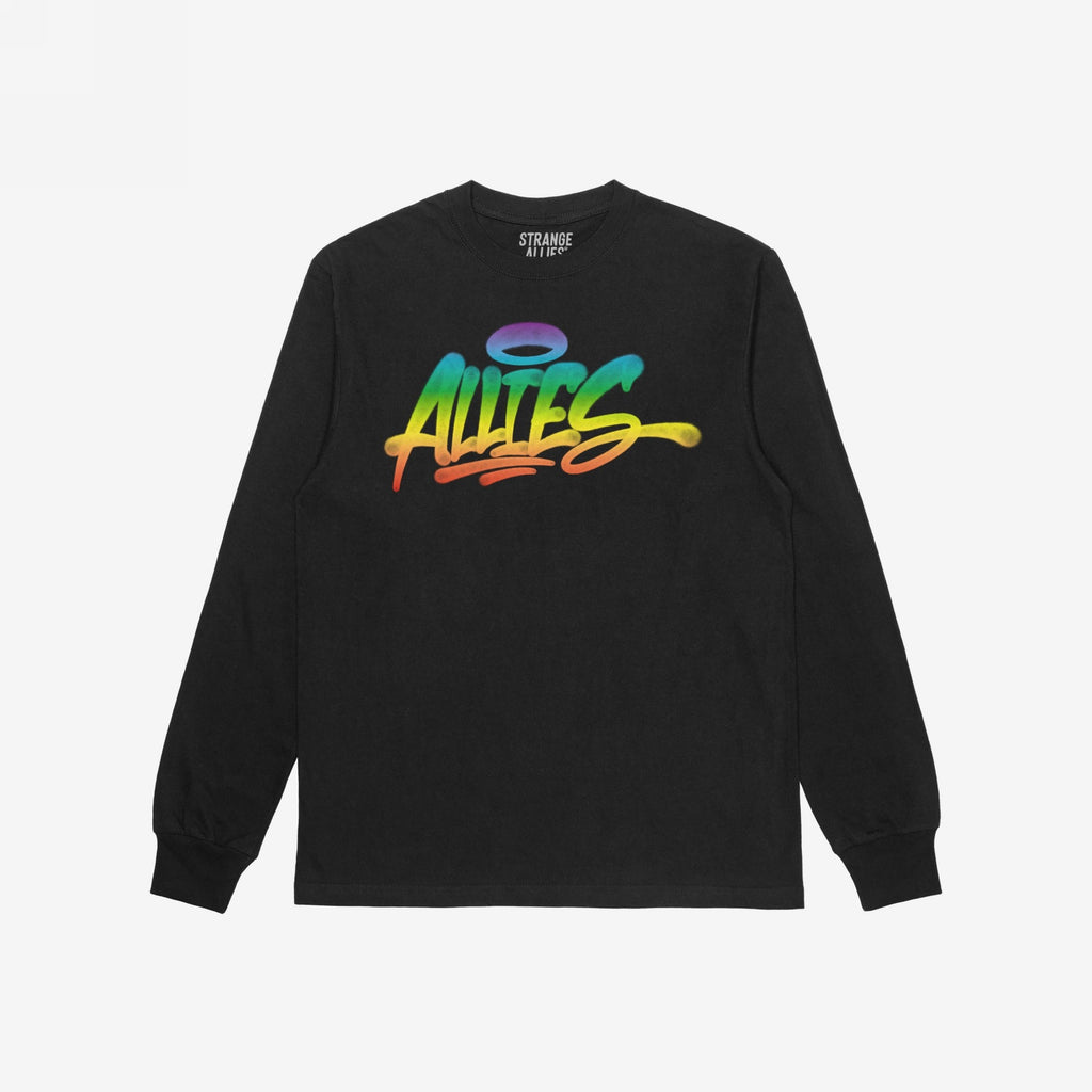 Black long-sleeve Allies Rainbow Handstyle T-shirt featuring a prominent graffiti-style Allies logo in a vibrant rainbow gradient, symbolizing LGBTQ+ solidarity and support, with Strange Allies brand inside the collar.