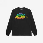 Black long-sleeve Allies Rainbow Handstyle T-shirt featuring a prominent graffiti-style Allies logo in a vibrant rainbow gradient, symbolizing LGBTQ+ solidarity and support, with Strange Allies brand inside the collar.