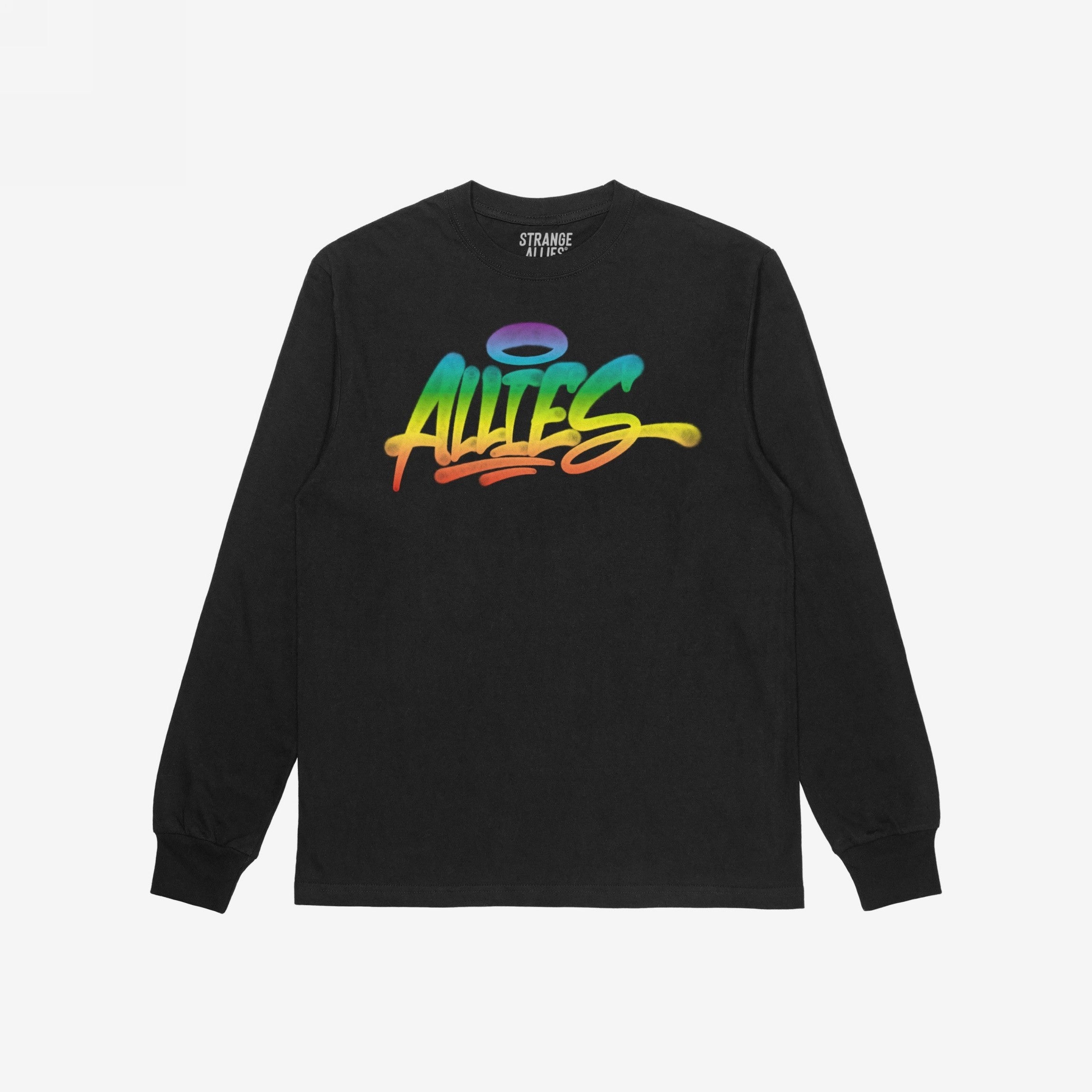 Black long-sleeve Allies Rainbow Handstyle T-shirt featuring a prominent graffiti-style Allies logo in a vibrant rainbow gradient, symbolizing LGBTQ+ solidarity and support, with Strange Allies brand inside the collar.