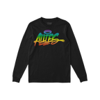 Black long-sleeve Allies Rainbow Handstyle T-shirt featuring a prominent graffiti-style Allies logo in a vibrant rainbow grad