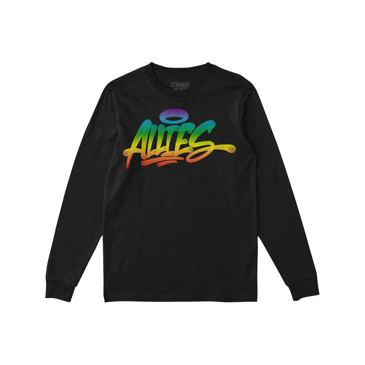 Black long-sleeve Allies Rainbow Handstyle T-shirt featuring a prominent graffiti-style Allies logo in a vibrant rainbow grad