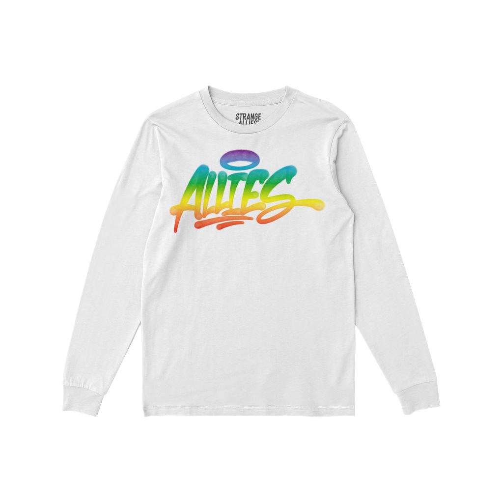 Allies Rainbow Handstyle T-shirt features a bold, graffiti-style ALLIES in a rainbow gradient across the chest, symbolizing L