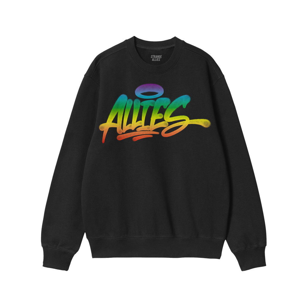 Black crewneck sweatshirt titled Allies Rainbow Handstyle Hoodie & Sweatshirt, featuring the word “ALLIES” in bold, rainb