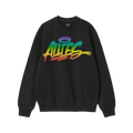 Black crewneck sweatshirt titled Allies Rainbow Handstyle Hoodie & Sweatshirt, featuring the word “ALLIES” in bold, rainb