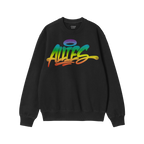 Black crewneck sweatshirt titled Allies Rainbow Handstyle Hoodie & Sweatshirt, featuring the word “ALLIES” in bold, rainb