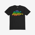 Allies Rainbow Handstyle T-shirt: Black tee showcasing a bold, graffiti-style Allies logo in a rainbow gradient, symbolizing LGBTQ+ solidarity and inclusion. Ideal for those who support and advocate for equality.