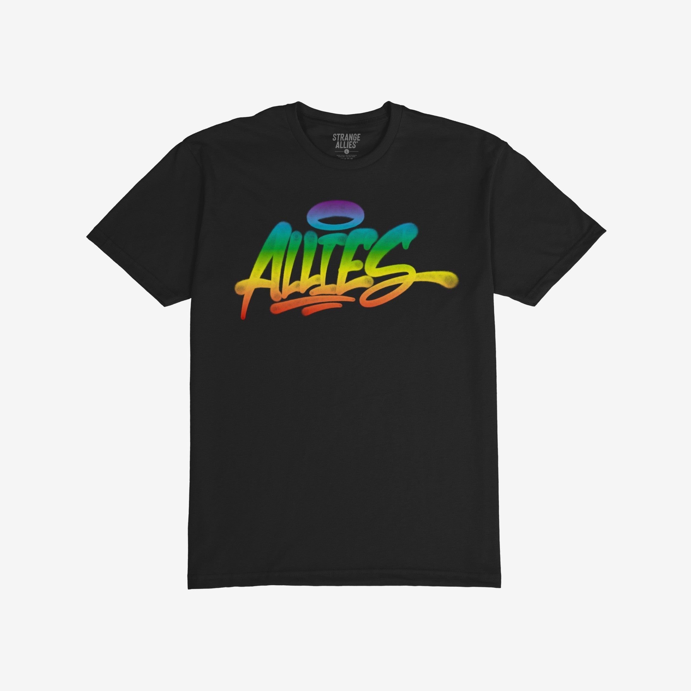 Allies Rainbow Handstyle T-shirt: Black tee showcasing a bold, graffiti-style Allies logo in a rainbow gradient, symbolizing LGBTQ+ solidarity and inclusion. Ideal for those who support and advocate for equality.
