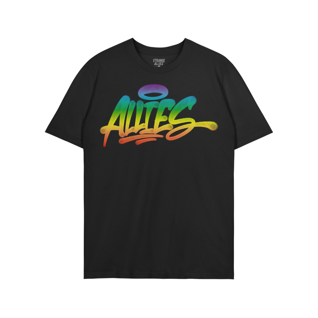 Allies Rainbow Handstyle T-shirt: Black tee showcasing a bold, graffiti-style Allies logo in a rainbow gradient, symbolizing 