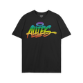 Allies Rainbow Handstyle T-shirt: Black tee showcasing a bold, graffiti-style Allies logo in a rainbow gradient, symbolizing 