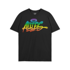 Allies Rainbow Handstyle T-shirt: Black tee showcasing a bold, graffiti-style Allies logo in a rainbow gradient, symbolizing 