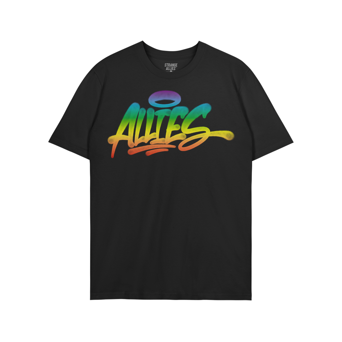 Allies Rainbow Handstyle T-shirt: Black tee showcasing a bold, graffiti-style Allies logo in a rainbow gradient, symbolizing 