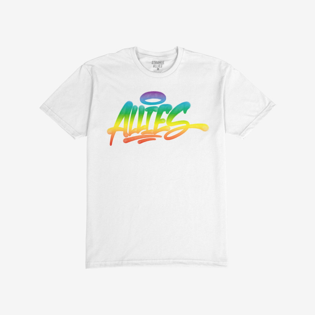 Allies Rainbow Handstyle T-shirt featuring a bold graffiti-style “Allies” logo in a rainbow gradient with a halo, symbolizing LGBTQ+ solidarity and inclusion. Brand name “Strange Allies” visible inside the collar.