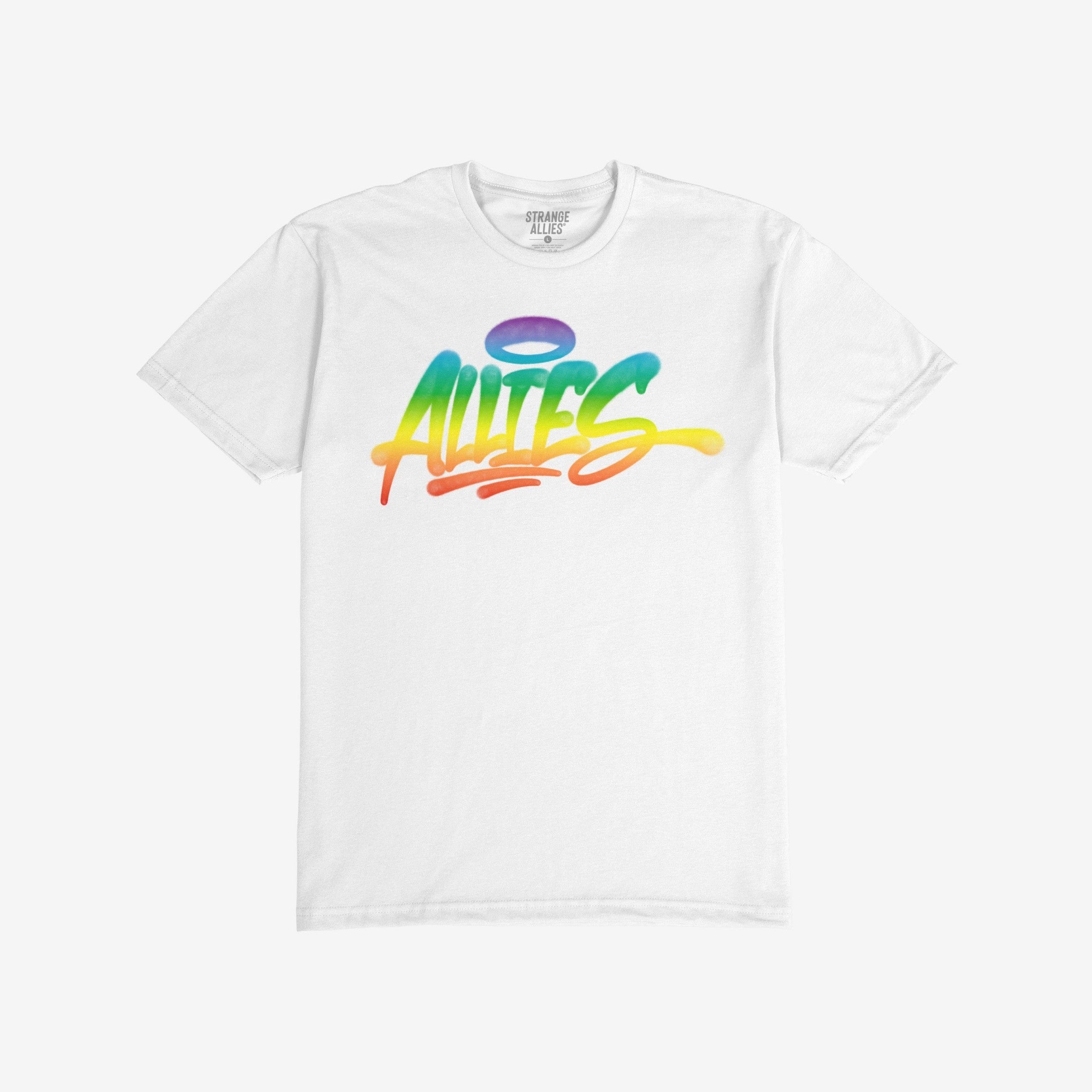 Allies Rainbow Handstyle T-shirt featuring a bold graffiti-style “Allies” logo in a rainbow gradient with a halo, symbolizing LGBTQ+ solidarity and inclusion. Brand name “Strange Allies” visible inside the collar.