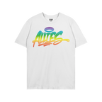 Allies Rainbow Handstyle T-shirt featuring a bold graffiti-style “Allies” logo in a rainbow gradient with a halo, symboli