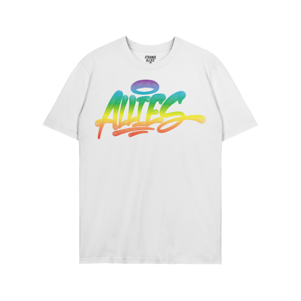 Allies Rainbow Handstyle T-shirt featuring a bold graffiti-style “Allies” logo in a rainbow gradient with a halo, symboli