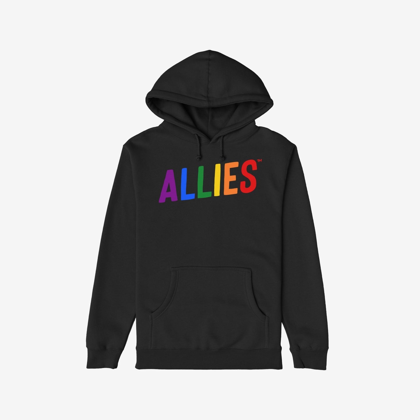Allies Rainbow Hoodie & Sweatshirt features ALLIES in rainbow colors on a black pullover, symbolizing pride and unity with a kangaroo pocket, drawstring hood, and ribbed cuffs and hem.