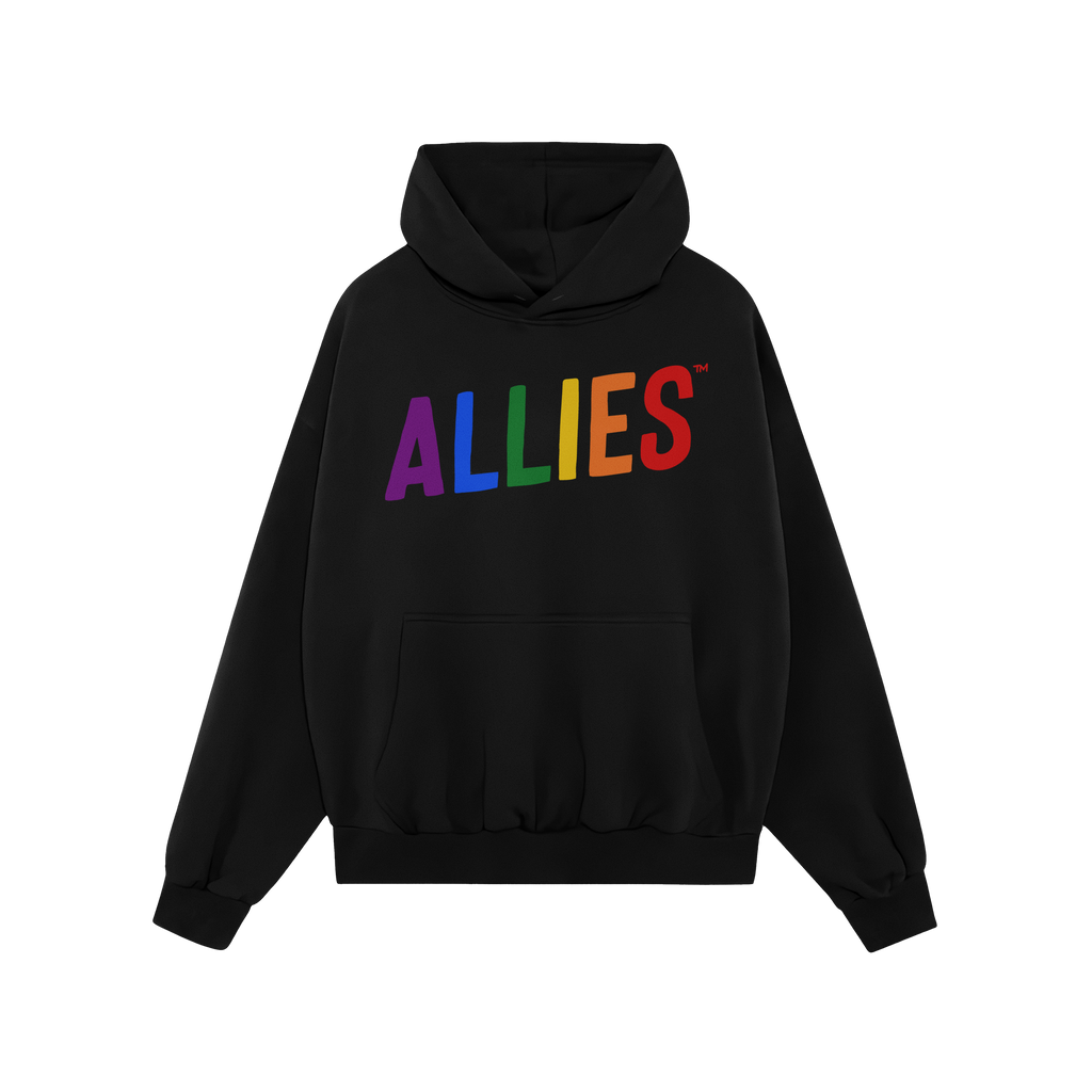 Allies Rainbow Hoodie & Sweatshirt features ALLIES in rainbow colors on a black pullover, symbolizing pride and unity with a 