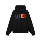 Allies Rainbow Hoodie & Sweatshirt features ALLIES in rainbow colors on a black pullover, symbolizing pride and unity with a 