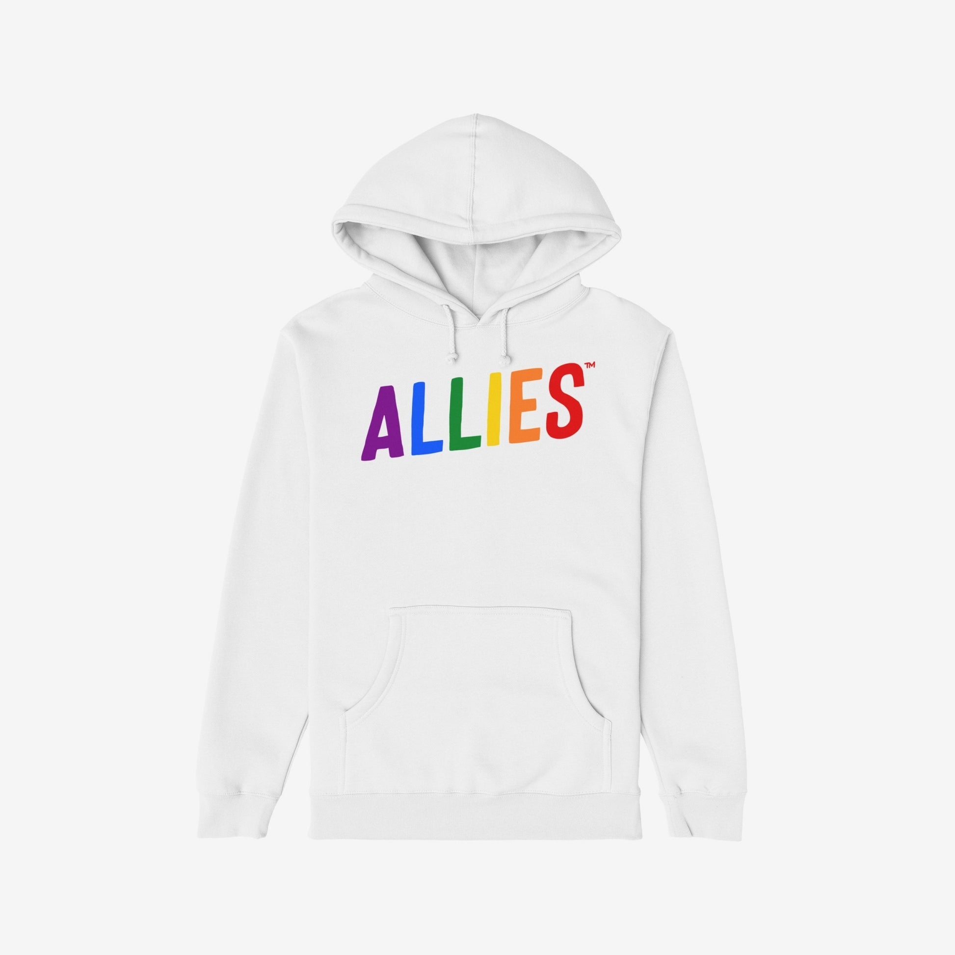Allies Rainbow Hoodie features a white pullover with ALLIES in rainbow-gradient across the chest, symbolizing pride and solidarity; includes a drawstring hood, ribbed cuffs, and kangaroo pocket.