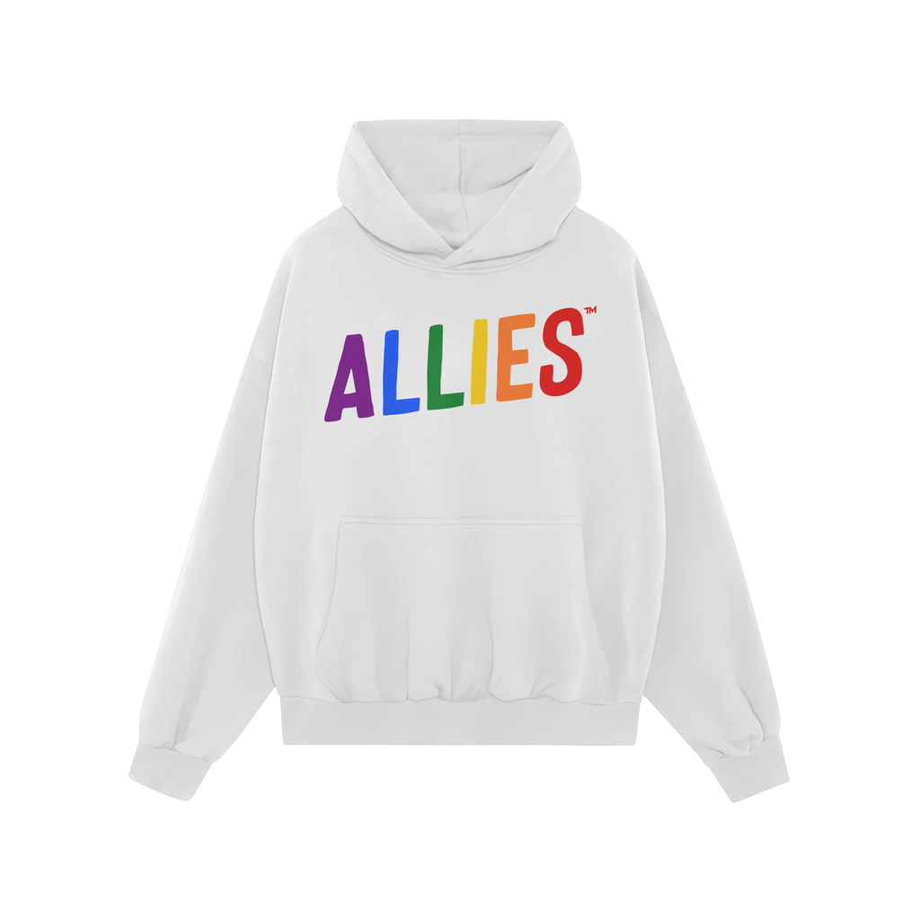 Allies Rainbow Hoodie features a white pullover with ALLIES in rainbow-gradient across the chest, symbolizing pride and solid