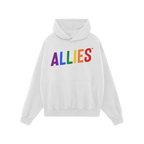Allies Rainbow Hoodie features a white pullover with ALLIES in rainbow-gradient across the chest, symbolizing pride and solid
