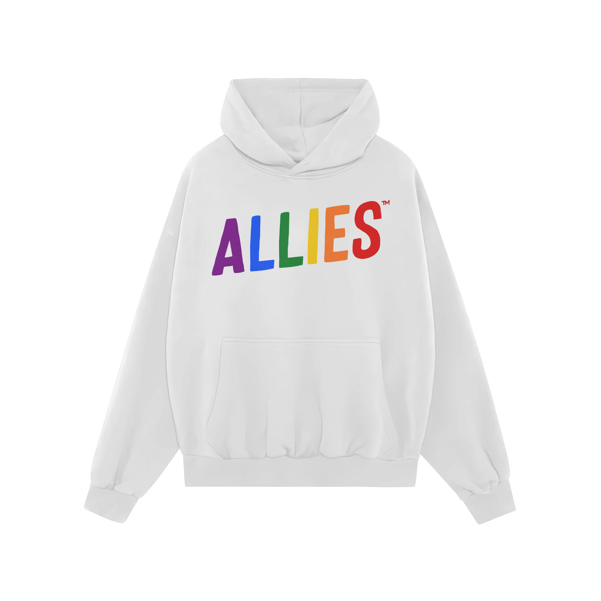 Allies Rainbow Hoodie features a white pullover with ALLIES in rainbow-gradient across the chest, symbolizing pride and solid