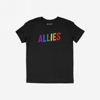 Black crew-neck Allies Rainbow T-shirt with ALLIES printed in rainbow colors across the chest, symbolizing bold LGBTQ+ support and community solidarity.