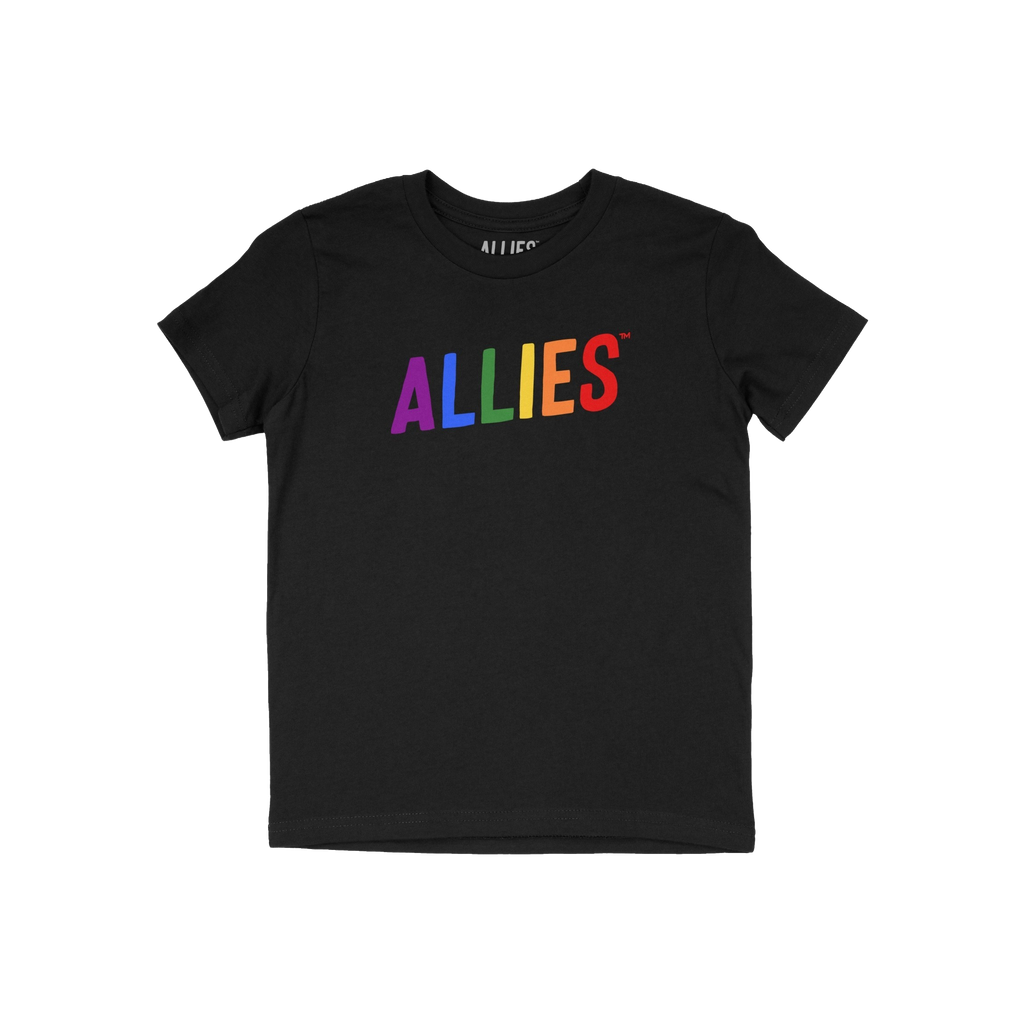 Black crew-neck Allies Rainbow T-shirt with ALLIES printed in rainbow colors across the chest, symbolizing bold LGBTQ+ suppor