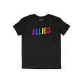 Black crew-neck Allies Rainbow T-shirt with ALLIES printed in rainbow colors across the chest, symbolizing bold LGBTQ+ suppor