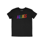 Black crew-neck Allies Rainbow T-shirt with ALLIES printed in rainbow colors across the chest, symbolizing bold LGBTQ+ suppor