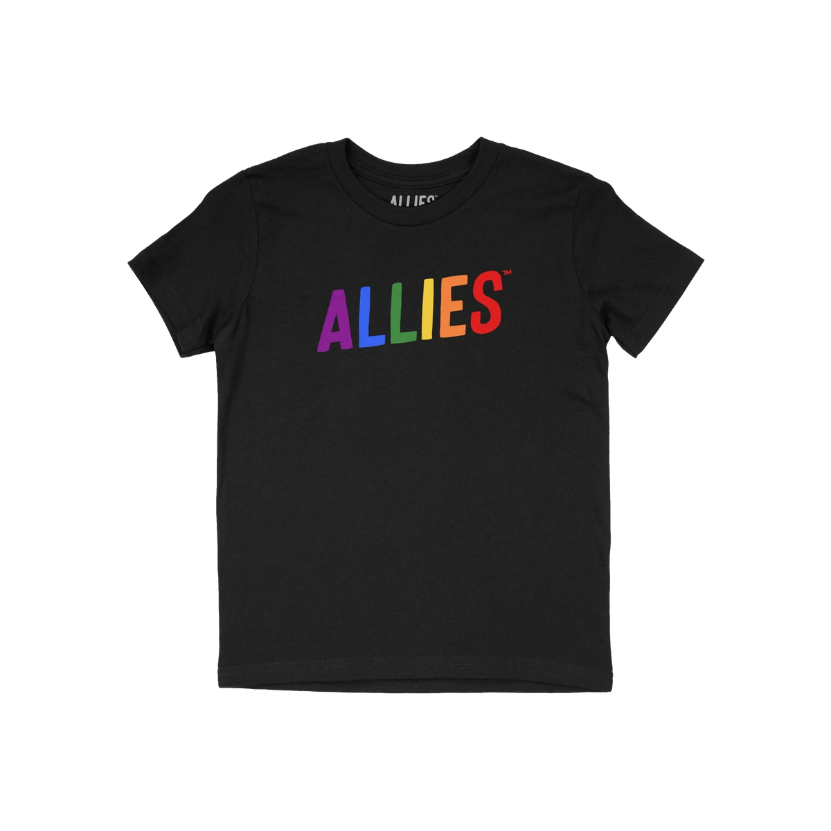 Black crew-neck Allies Rainbow T-shirt with ALLIES printed in rainbow colors across the chest, symbolizing bold LGBTQ+ suppor