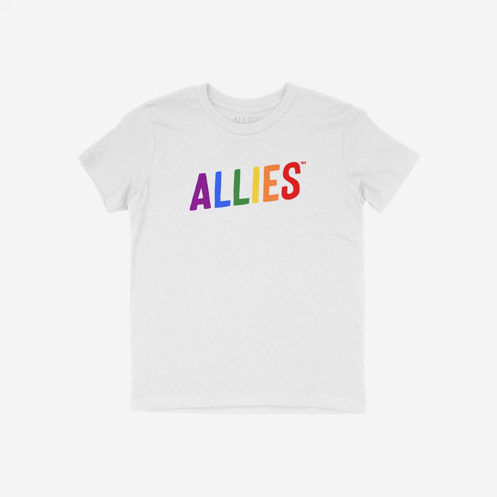 Allies Rainbow T-shirt featuring ALLIES in rainbow colors across the chest, symbolizing LGBTQ+ support, flat-laid on a white background. Ideal for expressing solidarity and standing tall with the community.