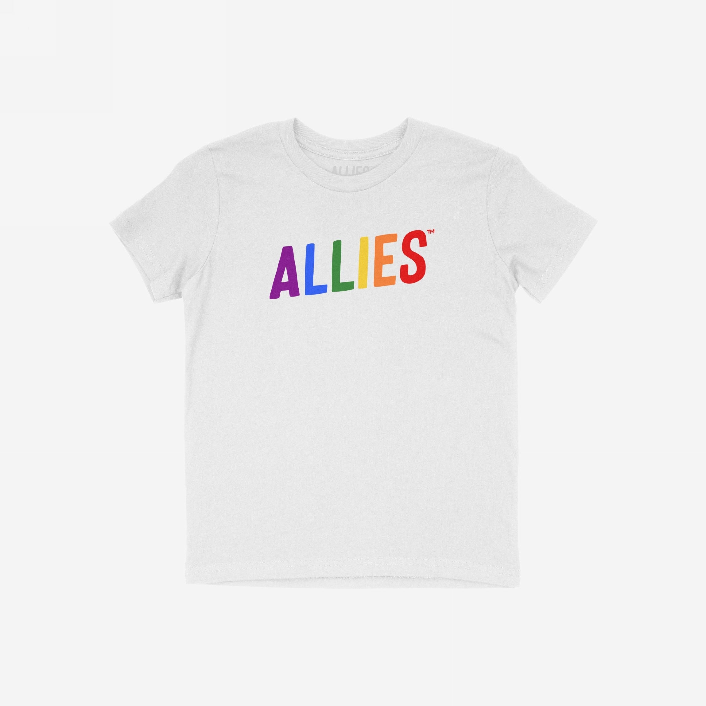 Allies Rainbow T-shirt featuring ALLIES in rainbow colors across the chest, symbolizing LGBTQ+ support, flat-laid on a white background. Ideal for expressing solidarity and standing tall with the community.