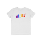 Allies Rainbow T-shirt featuring ALLIES in rainbow colors across the chest, symbolizing LGBTQ+ support, flat-laid on a white