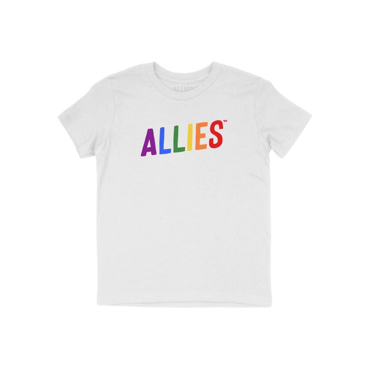 Allies Rainbow T-shirt featuring ALLIES in rainbow colors across the chest, symbolizing LGBTQ+ support, flat-laid on a white