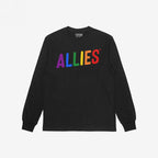Black long-sleeve Allies Rainbow T-shirt featuring rainbow-colored letters across the chest, symbolizing bold LGBTQ+ support. Ideal for those taking a stand for equality and community.