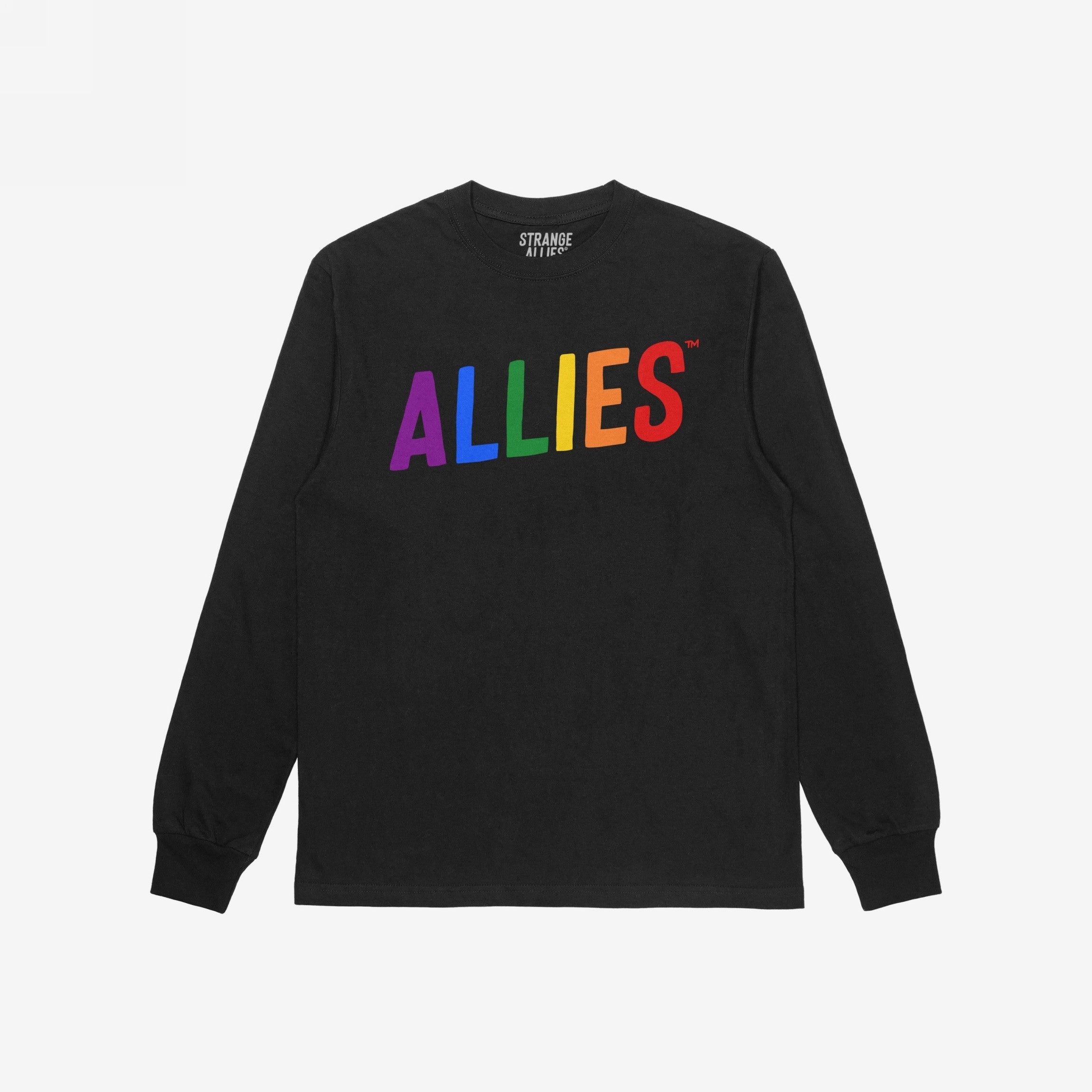 Black long-sleeve Allies Rainbow T-shirt featuring rainbow-colored letters across the chest, symbolizing bold LGBTQ+ support. Ideal for those taking a stand for equality and community.