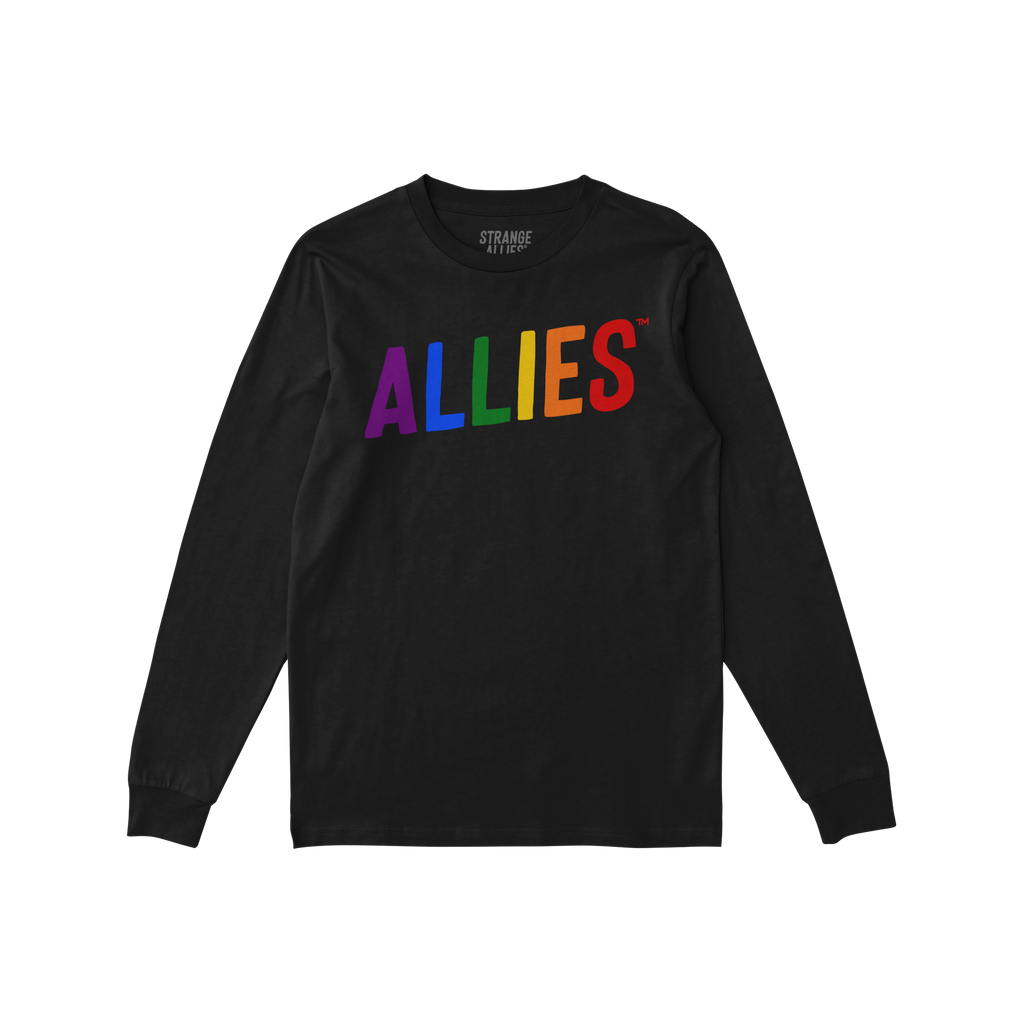 Black long-sleeve Allies Rainbow T-shirt featuring rainbow-colored letters across the chest, symbolizing bold LGBTQ+ support.