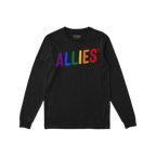 Black long-sleeve Allies Rainbow T-shirt featuring rainbow-colored letters across the chest, symbolizing bold LGBTQ+ support.