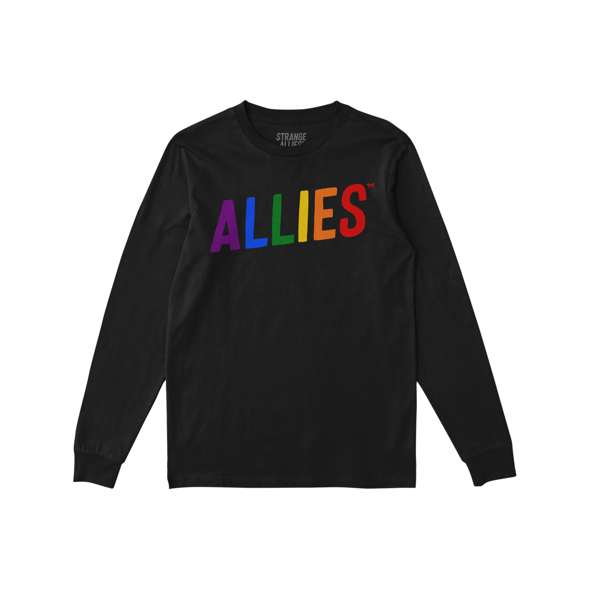 Black long-sleeve Allies Rainbow T-shirt featuring rainbow-colored letters across the chest, symbolizing bold LGBTQ+ support.
