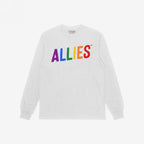 The Allies Rainbow T-shirt features ALLIES in vibrant rainbow colors across the chest, symbolizing bold LGBTQ+ support. The inside label reads “STRANGE ALLIES,” aligning with its expressive, action-oriented message.