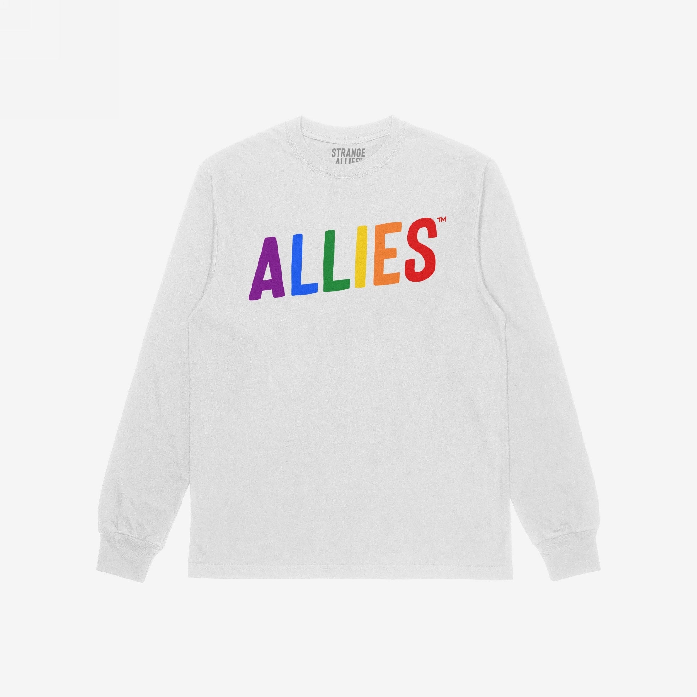 The Allies Rainbow T-shirt features ALLIES in vibrant rainbow colors across the chest, symbolizing bold LGBTQ+ support. The inside label reads “STRANGE ALLIES,” aligning with its expressive, action-oriented message.